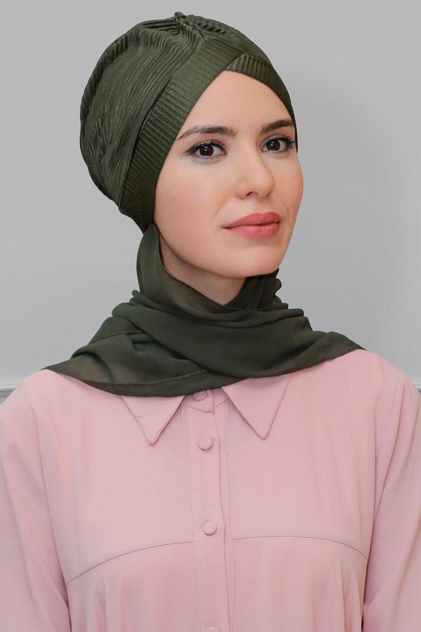 Hürrem Bone Haki Pratik Hazır Geçmeli Tesettür Bone Fukuro Piliseli Tek Çapraz Büzgülü Şifon Atkılı 1824A_09 - Image 1