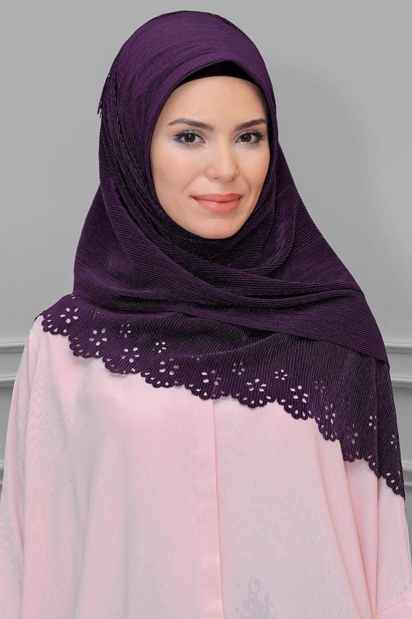Hürrem Bone Mürdüm Pratik Hazır Geçmeli Tesettür Eşarp Fukuro Piliseli Çiçek Desenli Lazer Kesim 1819_07 - Image 1
