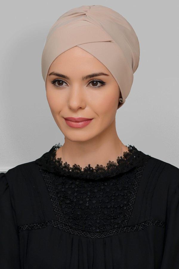 Hürrem Bone Bej Pratik Hazır Geçmeli Tesettür Bone Sandy Kumaş Çapraz Büzgülü 1801_12 - Image 1