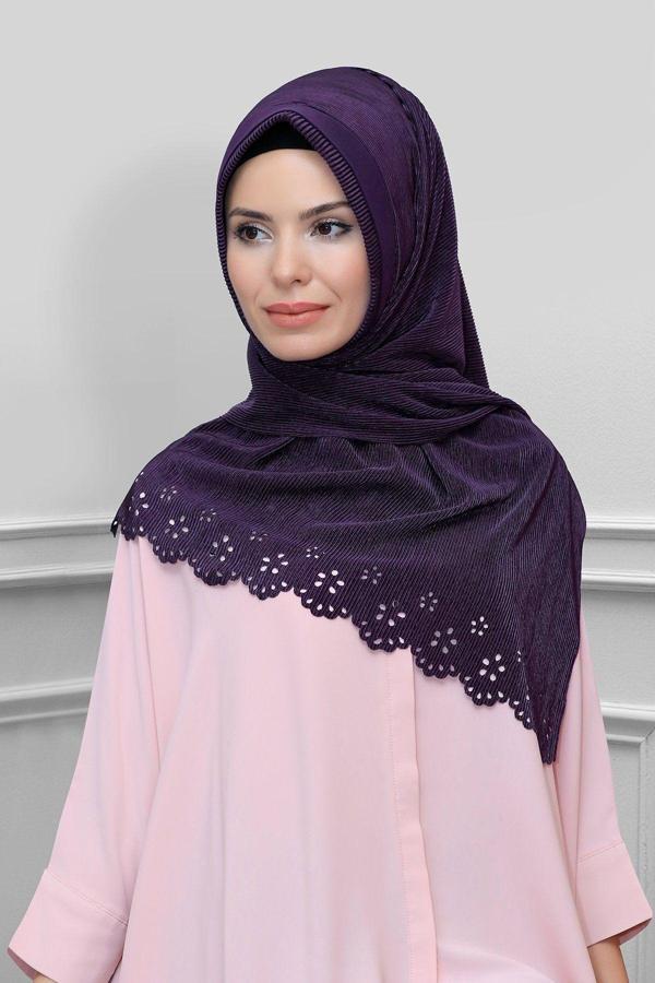 Hürrem Bone Mürdüm Pratik Hazır Geçmeli Tesettür Eşarp Fukuro Piliseli Çiçek Desenli Lazer Kesim 1827_07 - Image 1