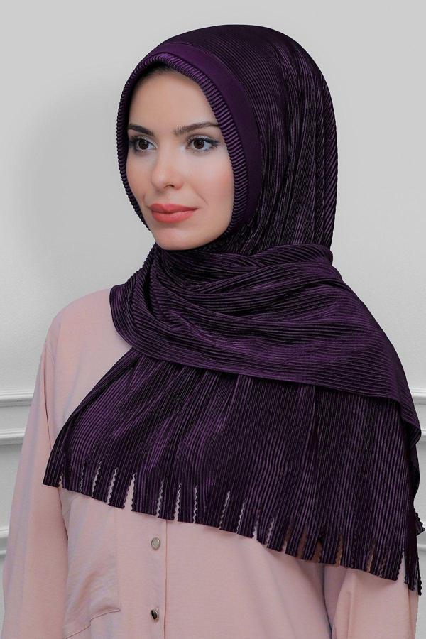 Hürrem Bone Mürdüm Pratik Hazır Geçmeli Tesettür Eşarp Fukuro Piliseli Saçaklı Lazer Kesim 1820_07 - Image 1