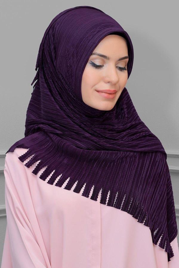 Hürrem Bone Mürdüm Pratik Hazır Geçmeli Tesettür Eşarp Fukuro Piliseli Saçaklı Lazer Kesim 1828_07 - Image 1