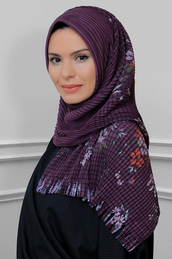 Hürrem Bone Mürdüm Pratik Hazır Geçmeli Tesettür Eşarp Kesik Elyaf Piliseli Çiçek Desenli 1818D1_07 - Image 1