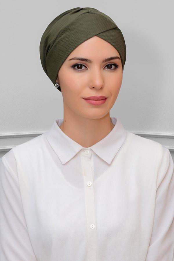 Hürrem Bone Haki Pratik Hazır Geçmeli Tesettür Bone Petekli Fiyonklu Çift Taraflı Tek Çapraz 1865_09 - Image 1