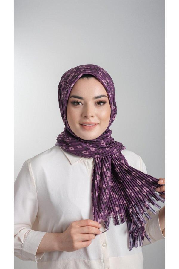 Hürrem Bone Mürdüm Pratik Hazır Geçmeli Tesettür Eşarp Kesik Elyaf Piliseli Çiçek Desenli 1818D7_07 - Image 1