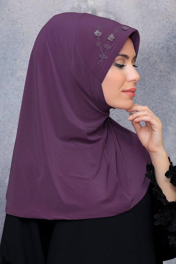 Hürrem Bone Violet Pratik Hazır Geçmeli Tesettür Eşarp Sandy Kumaş Elişi Çiçek Işlemeli Pullu 1604_21 - Image 1