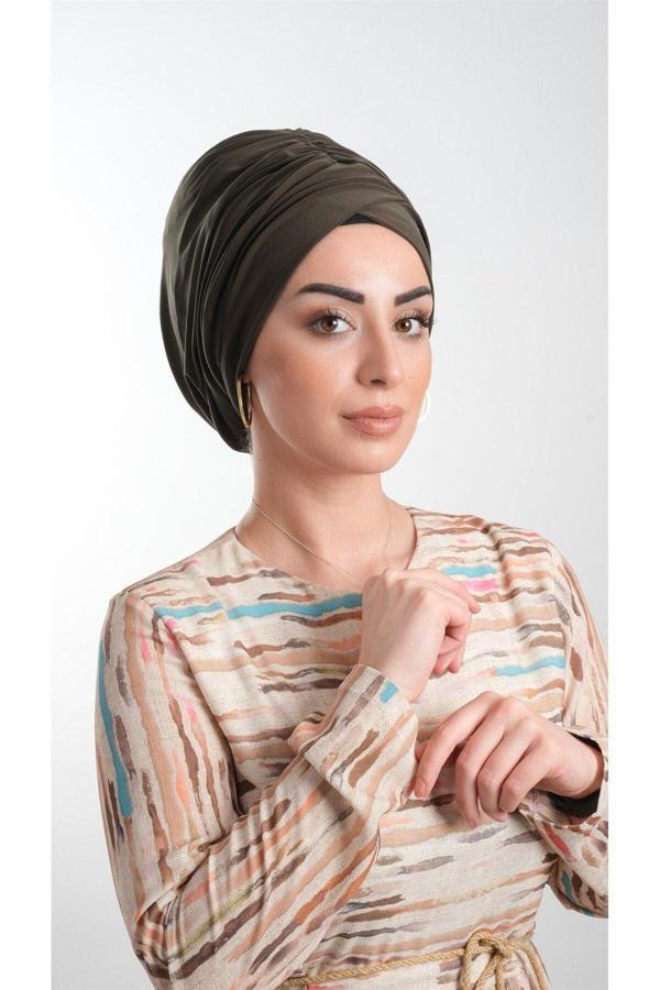 Hürrem Bone Haki Pratik Hazır Geçmeli Tesettür Bone Sandy Kumaş Büzgülü 2114_09 - Image 1