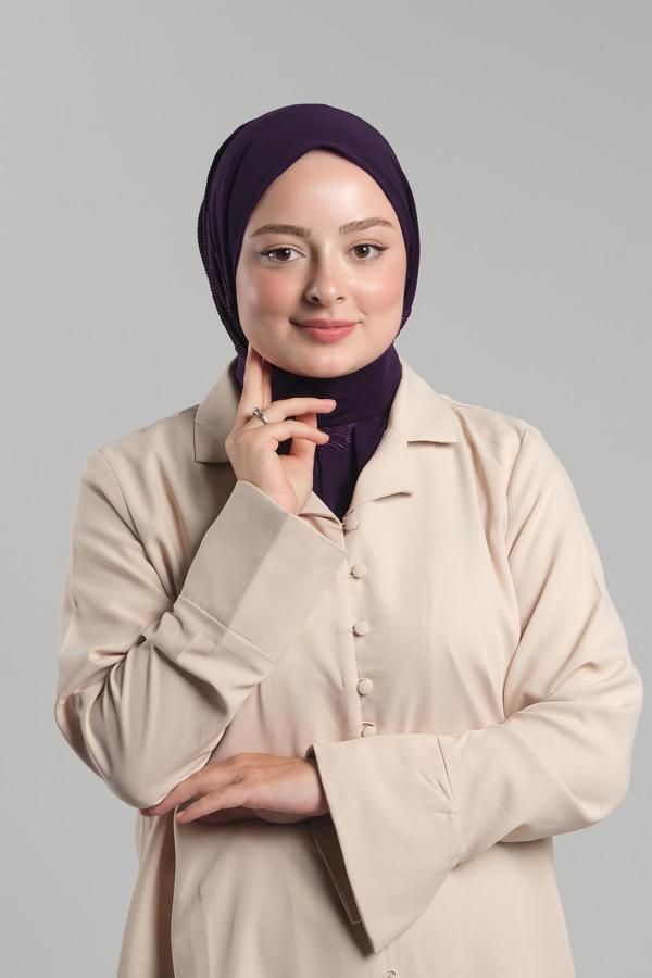 Hürrem Bone Mürdüm Pratik Hazır Geçmeli Tesettür Eşarp Sandy Arkadan Çıtçıtlı Piliseli Hijab 2406_07 - Image 1
