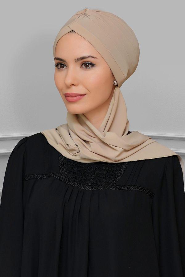 Hürrem Bone Bej Pratik Hazır Geçmeli Tesettür Bone Sandy Kumaş Taçlı Büzgülü Şifon Atkılı 1208A_12 - Image 1