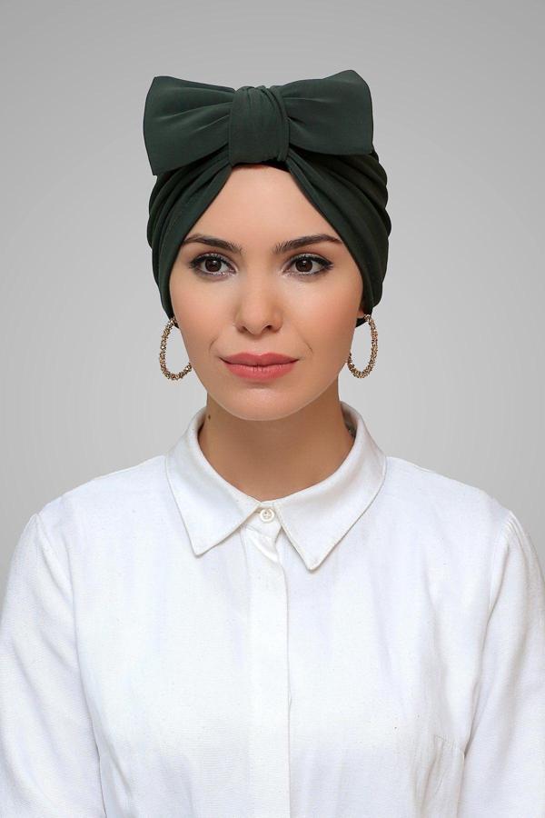 Hürrem Bone Haki Pratik Hazır Geçmeli Tesettür Bone Sandy Kumaş Fiyonklu Büzgülü 7006_09 - Image 1