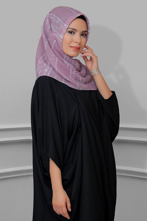 Hürrem Bone Gül Kurusu Pratik Hazır Geçmeli Tesettür Eşarp Kesik Elyaf Piliseli Çizgili Desenli 1818D2_18 - Image 1