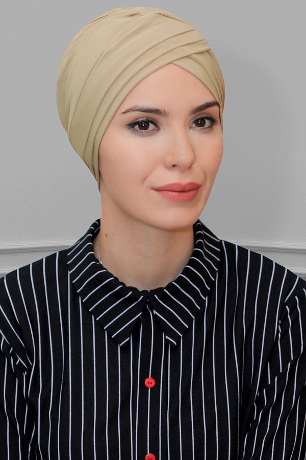 Hürrem Bone Bej Pratik Hazır Geçmeli Tesettür Bone Sandy Kumaş Üç Çapraz 1803_12 - Image 1