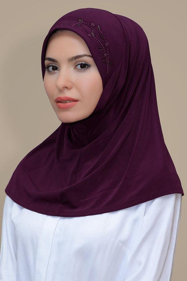 Hürrem Bone Mürdüm Pratik Hazır Geçmeli Tesettür Eşarp Sandy Kumaş Elişi Çiçek Işlemeli Laleli 1603_07 - Image 1
