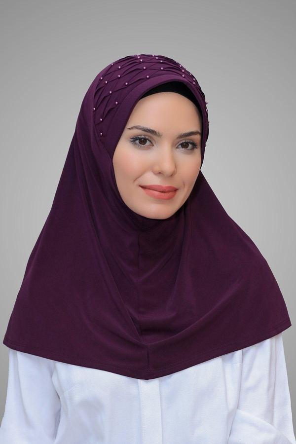 Hürrem Bone Mürdüm Pratik Hazır Geçmeli Tesettür Eşarp Sandy Kumaş Işlemeli Incili Taşlı 1605_07 - Image 1