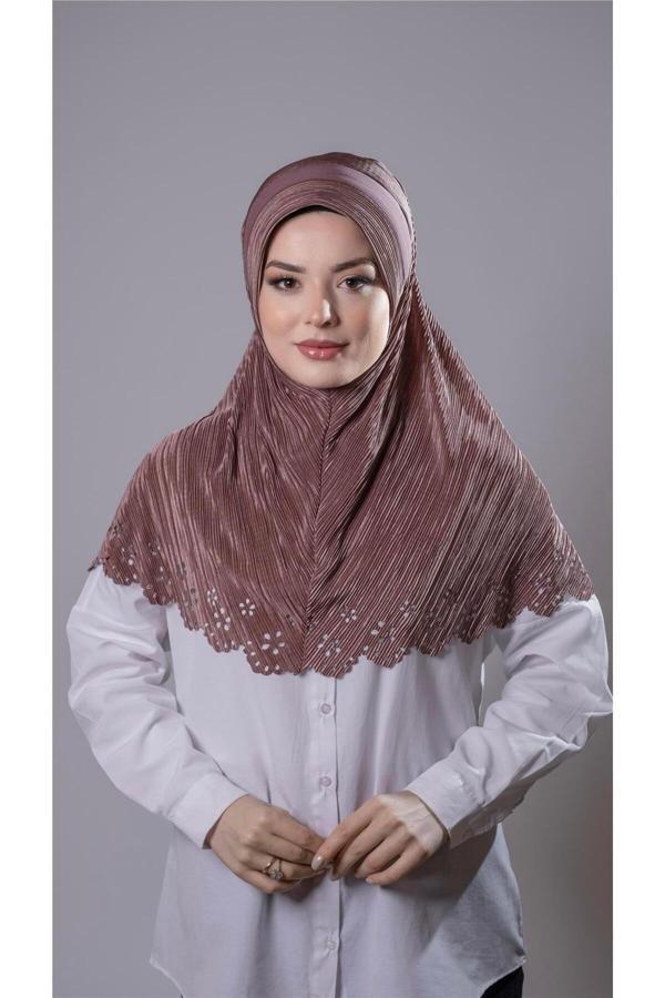 Hürrem Bone Vizon Pratik Hazır Geçmeli Tesettür Eşarp Fukuro Kumaş Piliseli Çiçek Desenli Lazer Kesim 1829_10 - Image 1