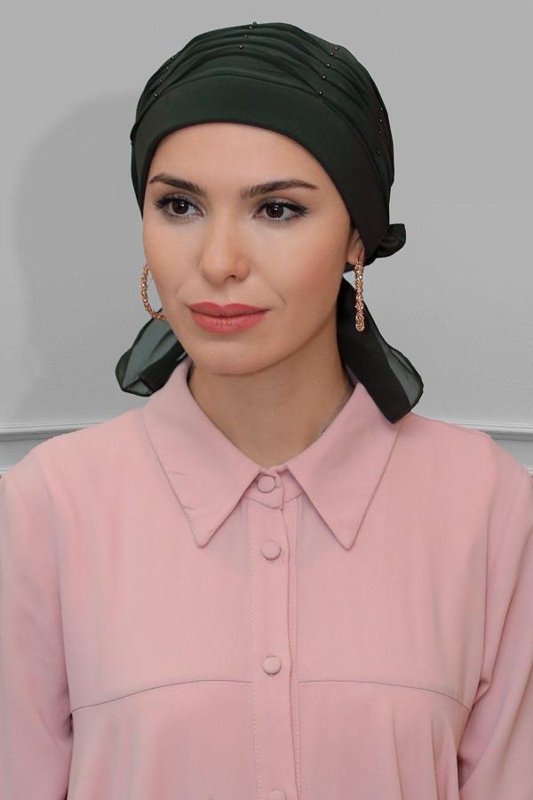 Hürrem Bone Haki Pratik Hazır Geçmeli Tesettür Bone Sandy Kumaş Incili Pileli Nervürlü Güllü 1805_09 - Image 1