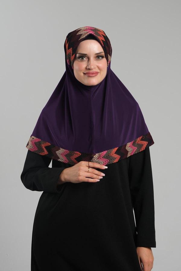 Hürrem Bone Mürdüm Pratik Hazır Geçmeli Tesettür Eşarp Sandy Renkli Desenli Fileli 2401_07 - Image 1