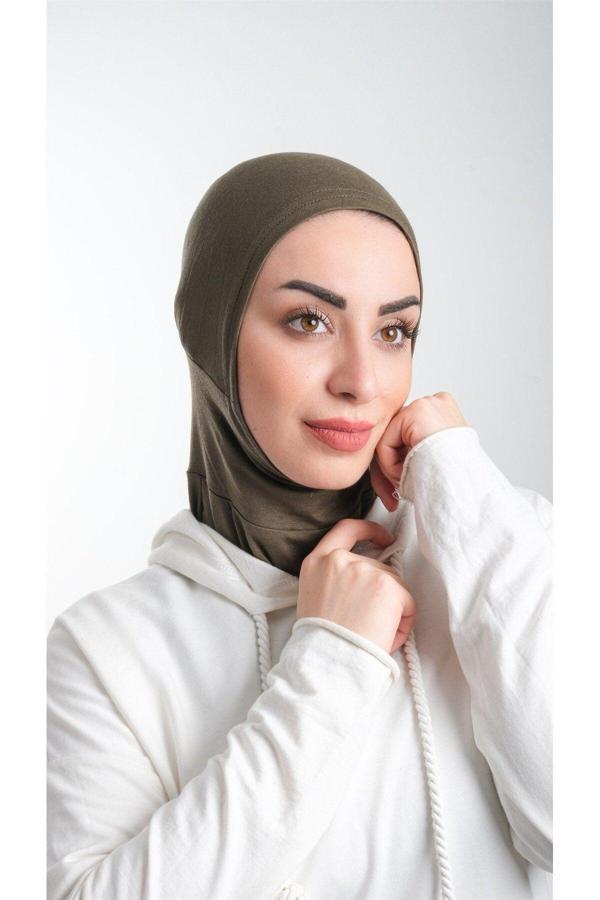 Hürrem Bone Haki Pratik Hazır Geçmeli Tesettür Bone Sandy Kumaş Spor Hijab 2113_09 - Image 1