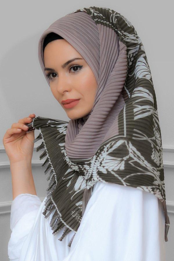 Hürrem Bone Vizon Pratik Hazır Geçmeli Tesettür Eşarp Kesik Elyaf Piliseli Çiçek Desenli 1818D3_10 - Image 1