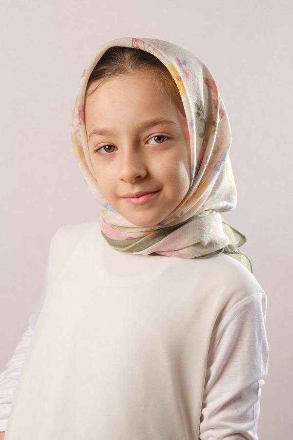 Giverny Haki Dijital Baskılı Çocuk Tesettür Eşarp Pamuk Polyester Çiçek Desenli 6002_09 - Image 1