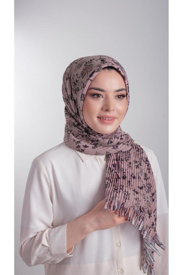 Hürrem Bone Vizon Pratik Hazır Geçmeli Tesettür Eşarp Kesik Elyaf Piliseli Çiçek Desenli 1818D6_10 - Image 1