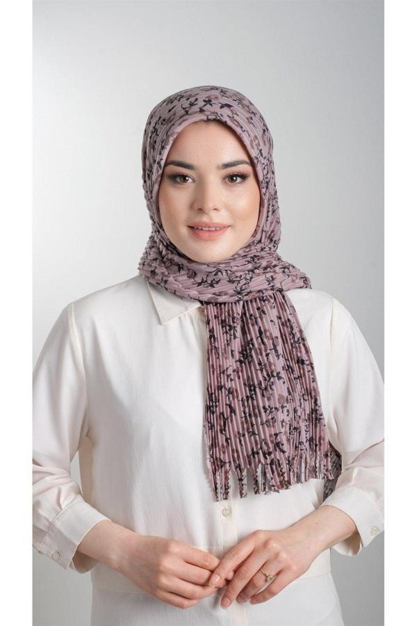 Hürrem Bone Vizon Pratik Hazır Geçmeli Tesettür Eşarp Kesik Elyaf Piliseli Çiçek Desenli 1818D7_10 - Image 1