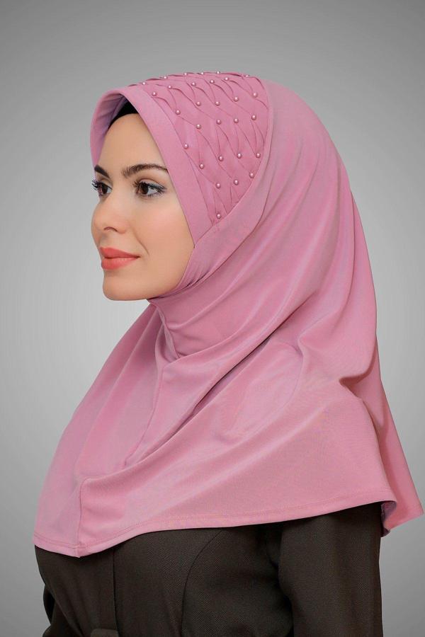 Hürrem Bone Gül Kurusu Pratik Hazır Geçmeli Tesettür Eşarp Sandy Kumaş Işlemeli Incili Taşlı 1605_18 - Image 1