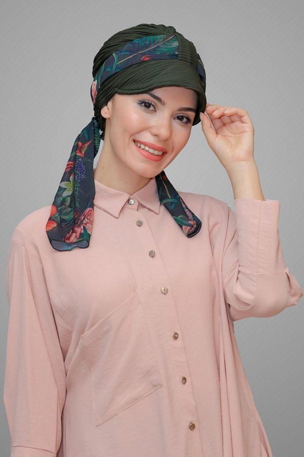 Hürrem Bone Haki Şapkalı Tesettür Bone Kesik Elyaf Desenli Şifon Kemerli 1902_09 - Image 1