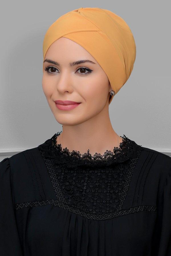 Hürrem Bone Hardal Pratik Hazır Geçmeli Tesettür Bone Sandy Kumaş Çapraz Büzgülü 1801_43 - Image 1