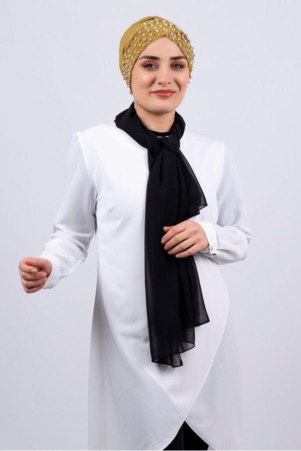 Hürrem Bone Hardal Pratik Hazır Geçmeli Tesettür Bone Sandy Kumaş Taşlı 1456_43 - Image 1