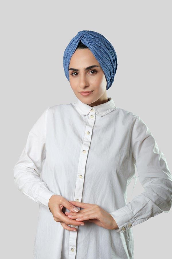 Hürrem Bone İndigo Çapraz Büzgülü Piliseli Tesettür Bone Fukuro Kendinden Desenli 2316_34 - Image 1