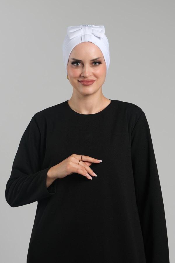 Hürrem Bone Beyaz Pratik Hazır Geçmeli Fiyonklu Bone Sandy Çift Taraflı Çapraz 3007B_42 - Image 1