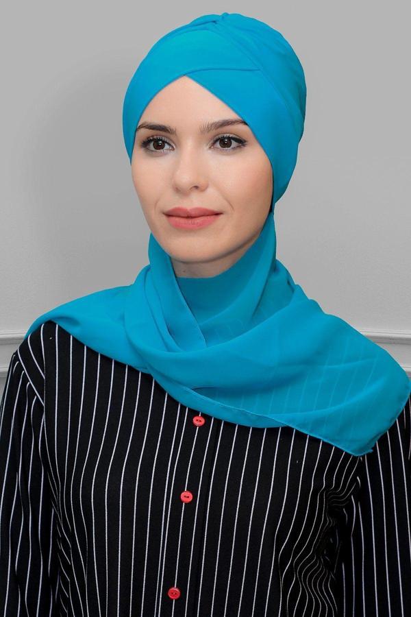 Hürrem Bone İndigo M. Pratik Hazır Geçmeli Tesettür Bone Sandy Kumaş Çapraz Büzgülü Şifon Atkılı 1801A_34 - Image 1