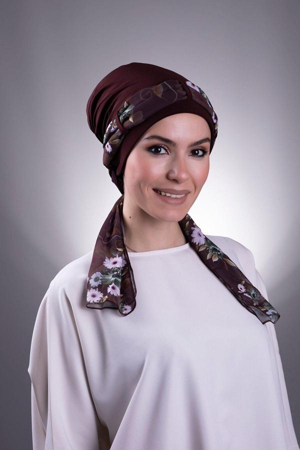 Hürrem Bone Kahve Pratik Hazır Geçmeli Tesettür Bone Sandy Kumaş Desenli Şifon Kemerli 1205D_14 - Image 1