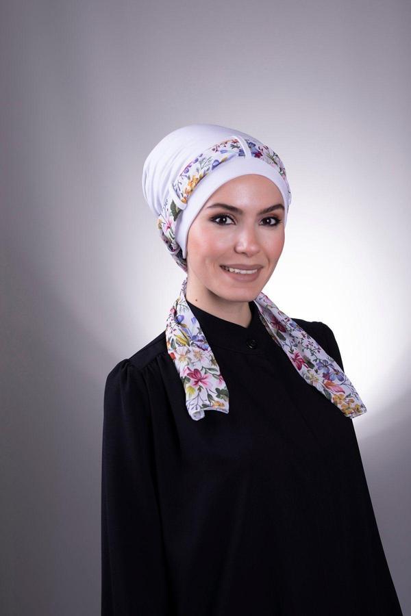 Hürrem Bone Beyaz Pratik Hazır Geçmeli Tesettür Bone Sandy Kumaş Desenli Şifon Kemerli 1205D_42 - Image 1