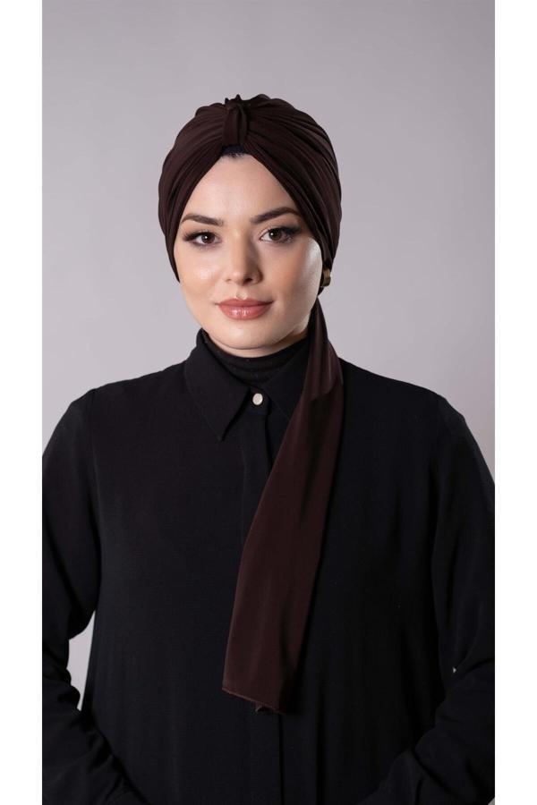 Hürrem Bone Kahverengi Pratik Hazır Geçmeli Tesettür Bone Sandy Kumaş Atkılı 2204_14 - Image 1