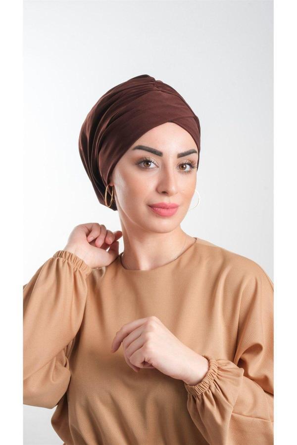 Hürrem Bone Kahverengi Pratik Hazır Geçmeli Tesettür Bone Sandy Kumaş Büzgülü 2114_14 - Image 1