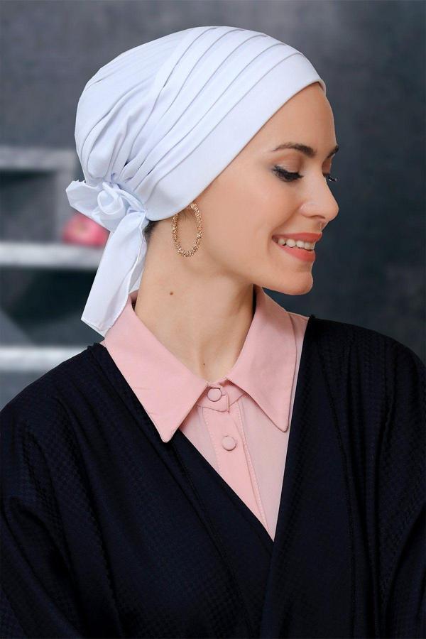 Hürrem Bone Beyaz Pratik Hazır Geçmeli Tesettür Bone Sandy Kumaş Pileli Nervürlü Güllü 1806_42 - Image 1