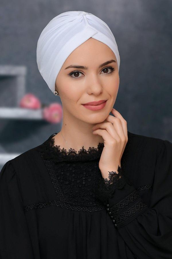 Hürrem Bone Beyaz Pratik Hazır Geçmeli Tesettür Bone Sandy Kumaş Taçlı Büzgülü 1208_42 - Image 1