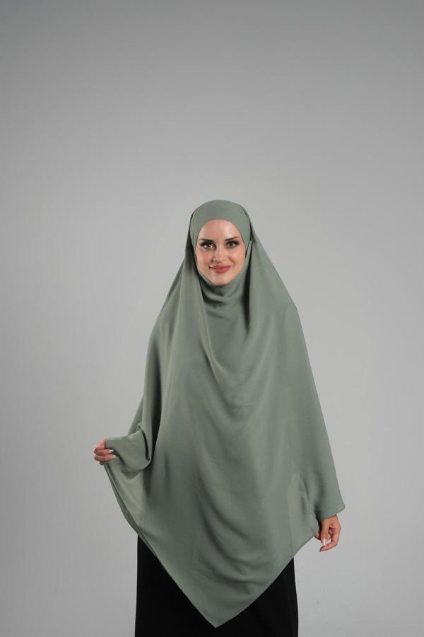 Hürrem Bone Yağ Yeşili Pratik Hazır Geçmeli Tesettür Eşarp Krep Bağcıklı Çift Katlı Sufle Hijab 2314_36 - Image 1