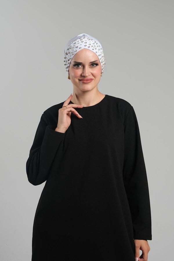 Hürrem Bone Beyaz Pratik Hazır Geçmeli Tesettür Bone Sandy Kumaş Taşlı 1456_42 - Image 1