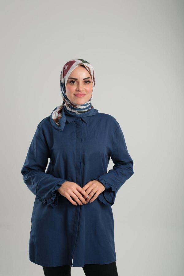 Giverny Lacivert Desenli Eşarp Bambu Yaprak Dijital Baskılı 202204_02 - Image 1