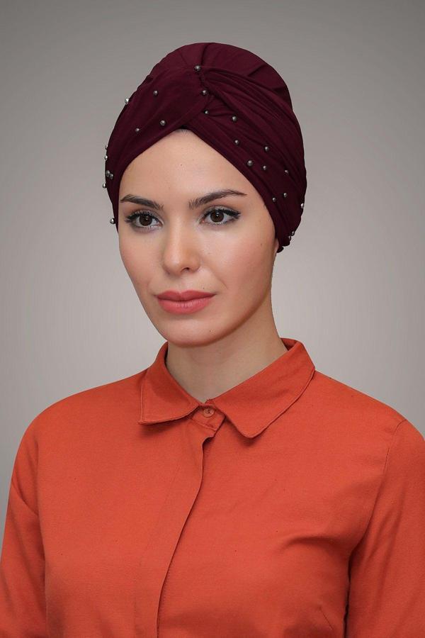 Hürrem Bone Bordo Pratik Dolama Tesettür Bone Sandy Kumaş Boncuklu 1870_16 - Image 1