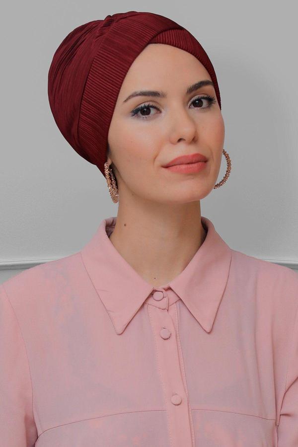 Hürrem Bone Bordo Pratik Hazır Geçmeli Tesettür Bone Fukuro Piliseli Çapraz Büzgülü 1822_16 - Image 1