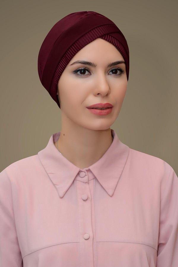 Hürrem Bone Bordo Pratik Hazır Geçmeli Tesettür Bone Fukuro Piliseli Tek Bantlı Çapraz Büzgülü 1821_16 - Image 1
