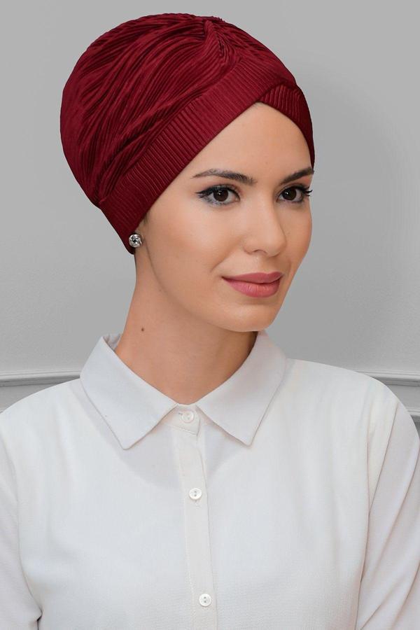 Hürrem Bone Bordo Pratik Hazır Geçmeli Tesettür Bone Fukuro Piliseli Tek Çapraz Büzgülü 1824_16 - Image 1
