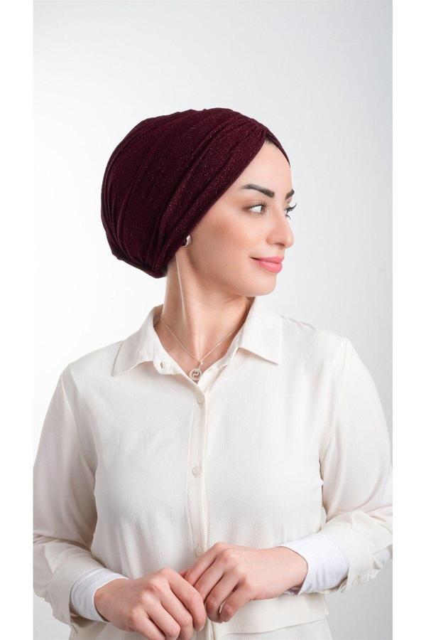 Hürrem Bone Bordo Pratik Hazır Geçmeli Tesettür Bone Fukuro Simli Büzgülü 2116_16 - Image 1