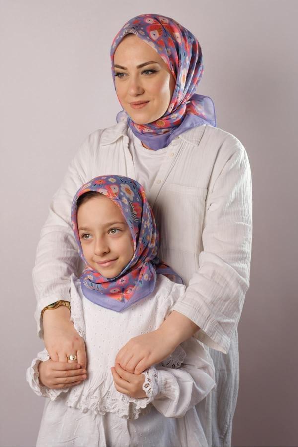 Giverny Mor Dijital Baskılı Anne Kız Kombin Tesettür Eşarp Pamuk Polyester Kelebek Desenli 6004_22 - Image 1