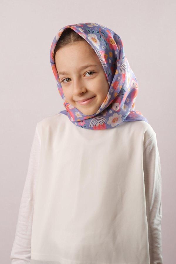 Giverny Mor Dijital Baskılı Çocuk Tesettür Eşarp Pamuk Polyester Kelebek Desenli 6003_22 - Image 1