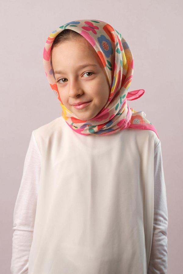 Giverny Pembe Dijital Baskılı Çocuk Tesettür Eşarp Pamuk Polyester Çiçek Desenli 6003_04 - Image 1